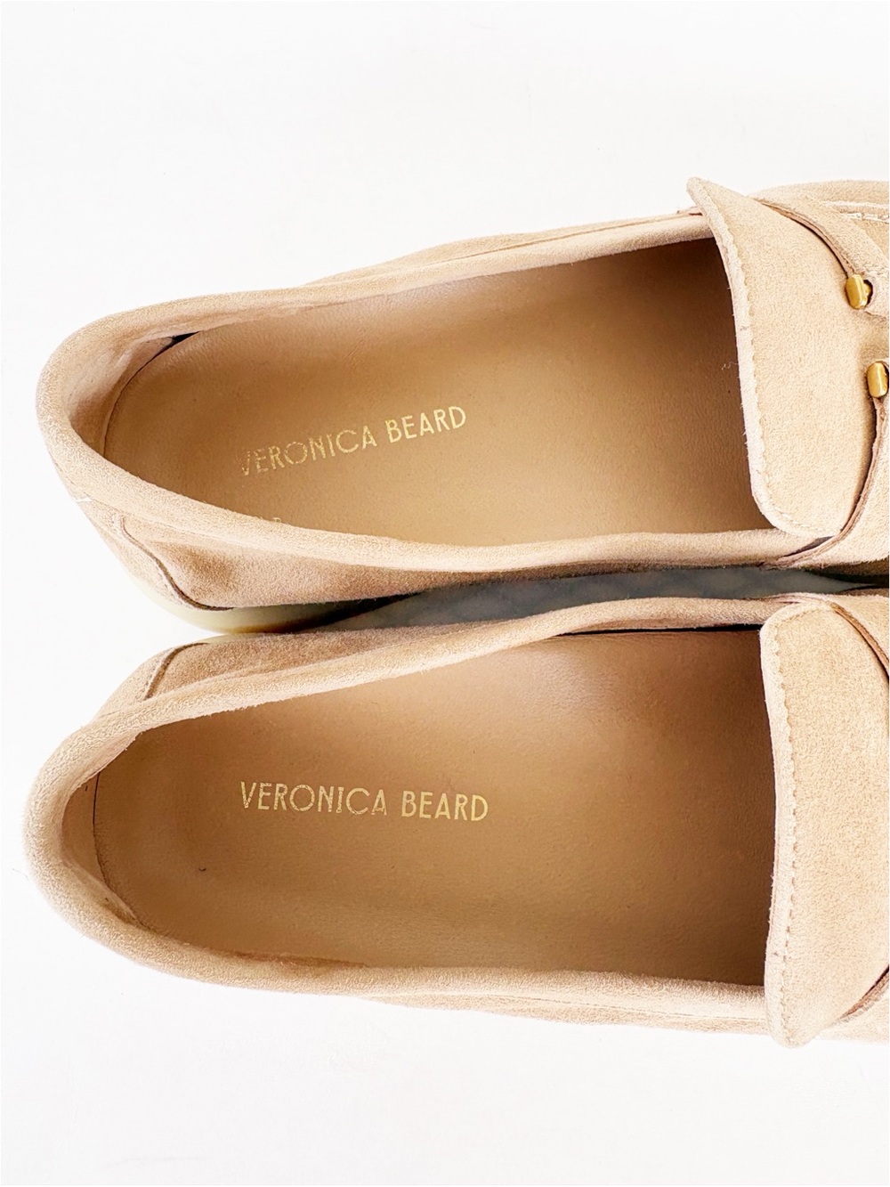Veronica Beard Ailey Suede Loafers Beige Camel Gold V Hardware Size 6.5 - Picture 10 of 15